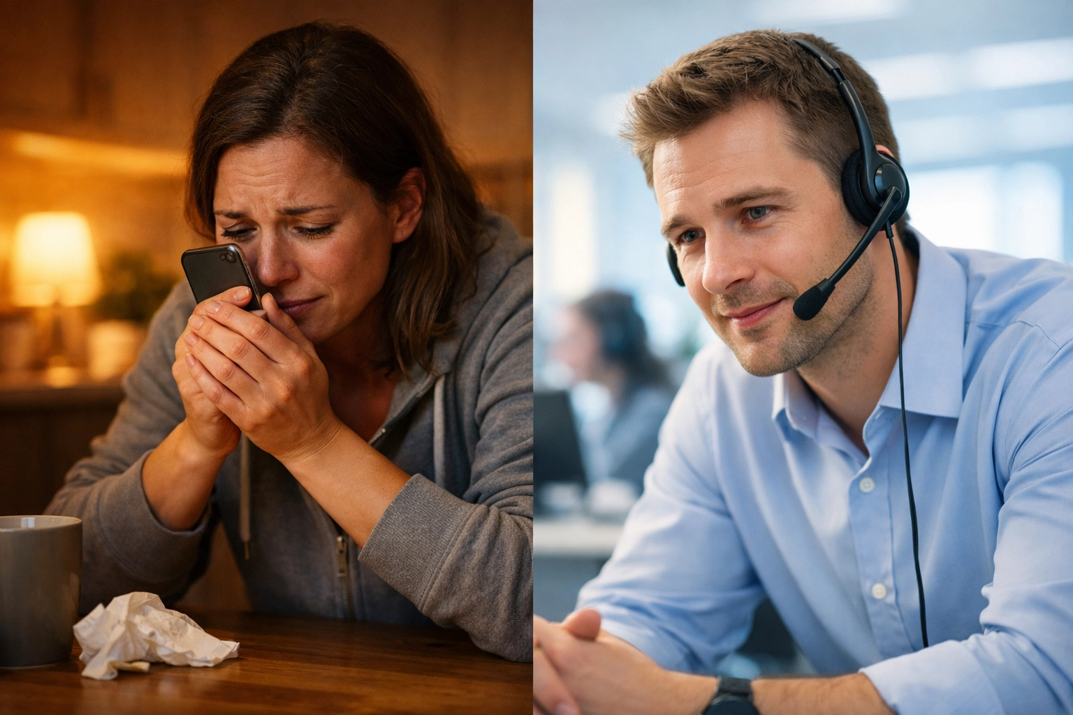 Stressed family member calling addiction treatment center speaking with empathetic call specialist