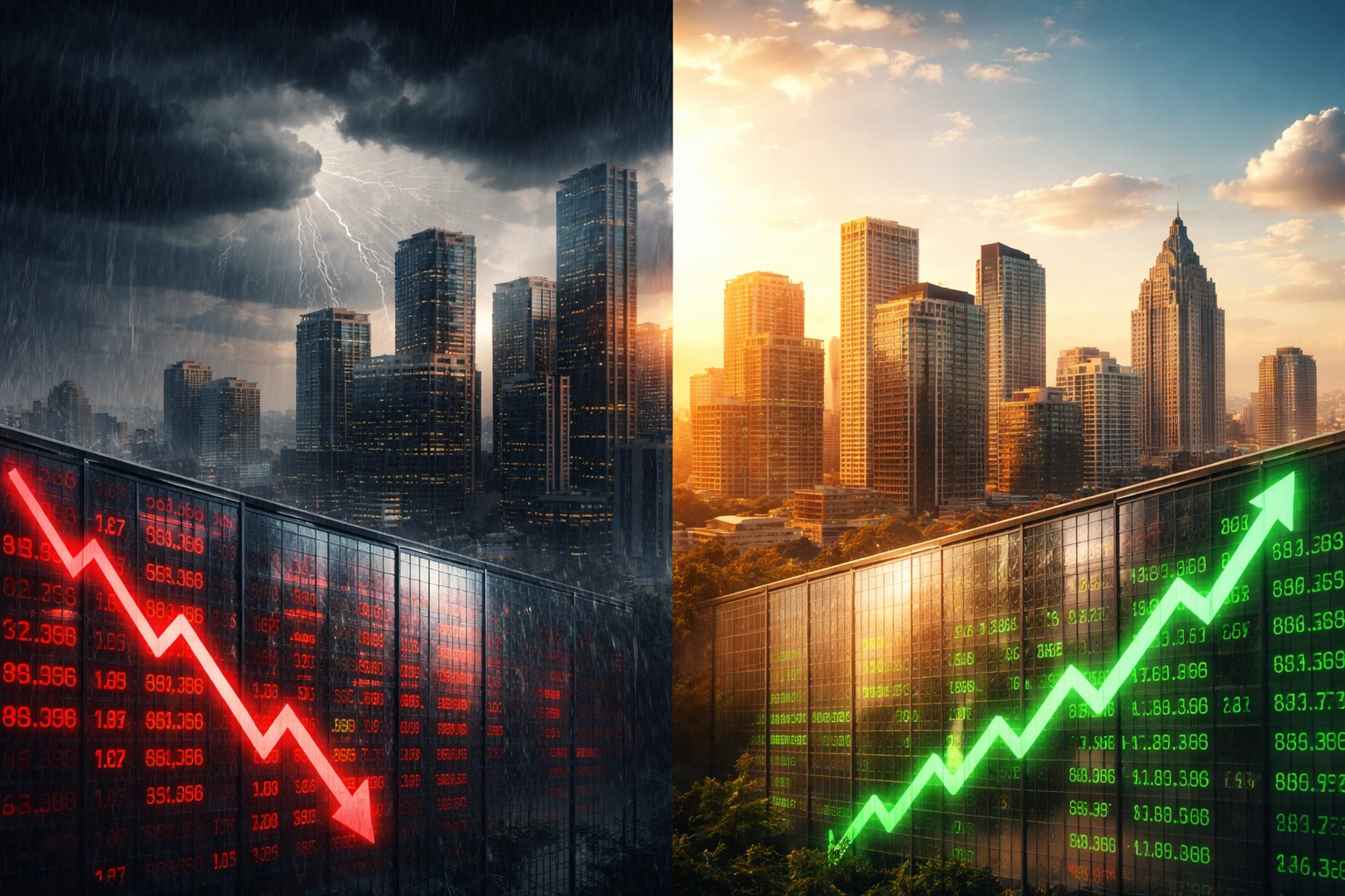 Split view of financial market volatility versus portfolio stability, illustrating risk mitigation strategies