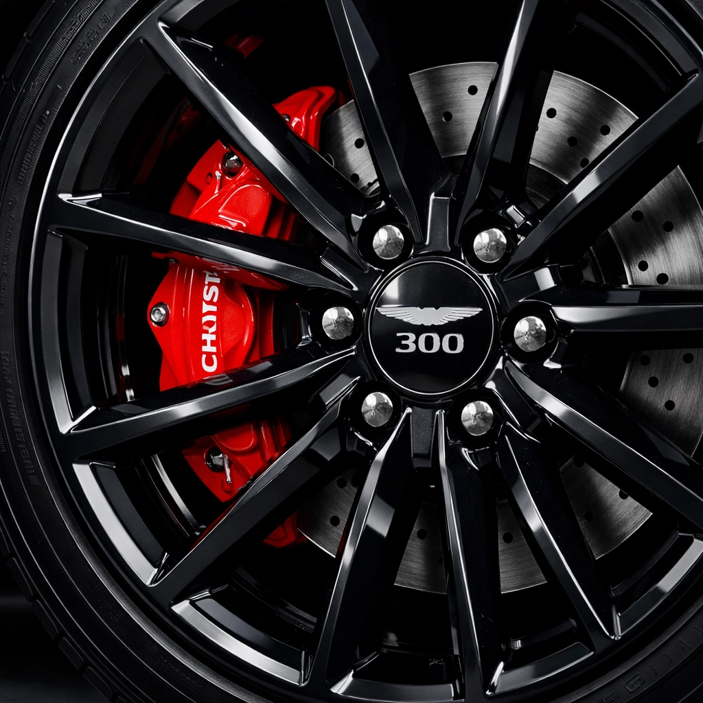 Custom red powder coated brake caliper on Chrysler 300 wheel