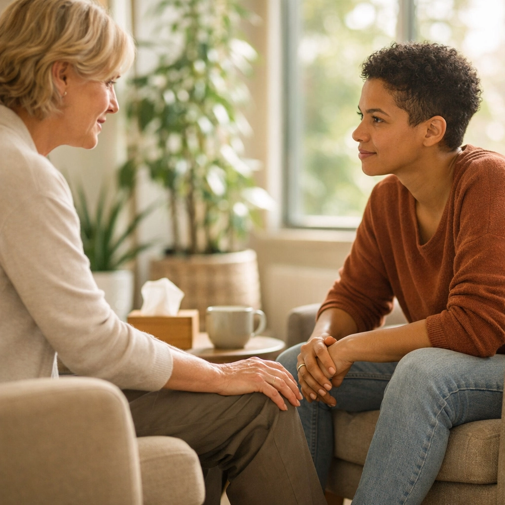 Two people in a supportive counseling session representing emotional resources for NJ families.