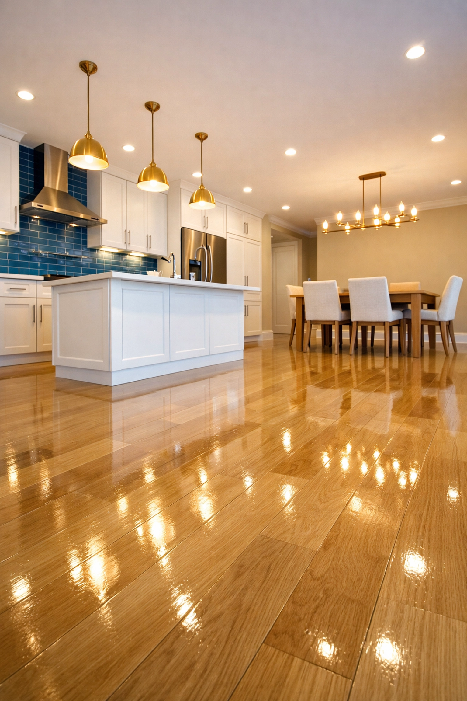 Gleaming kitchen floors and white cabinets after eco-friendly house cleaning Leominster MA for moving out.