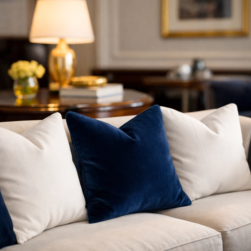 Detailed apartment cleaning Boston showing perfectly arranged cushions in a luxury brownstone living room.