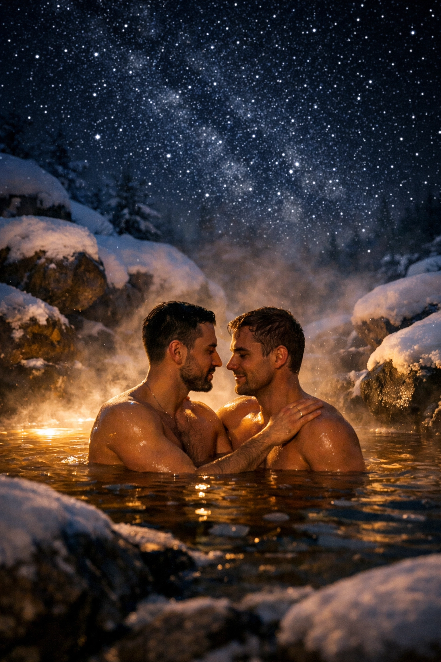 Two men enjoying romantic hot springs retreat under starry night sky in winter