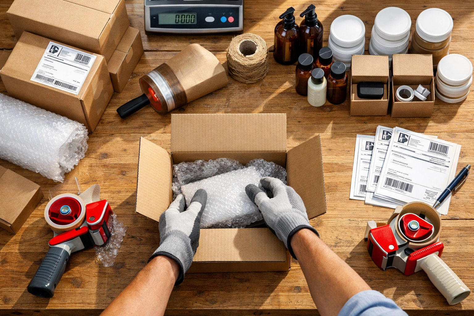 Professional e-commerce packing station with boxes and fulfilment supplies