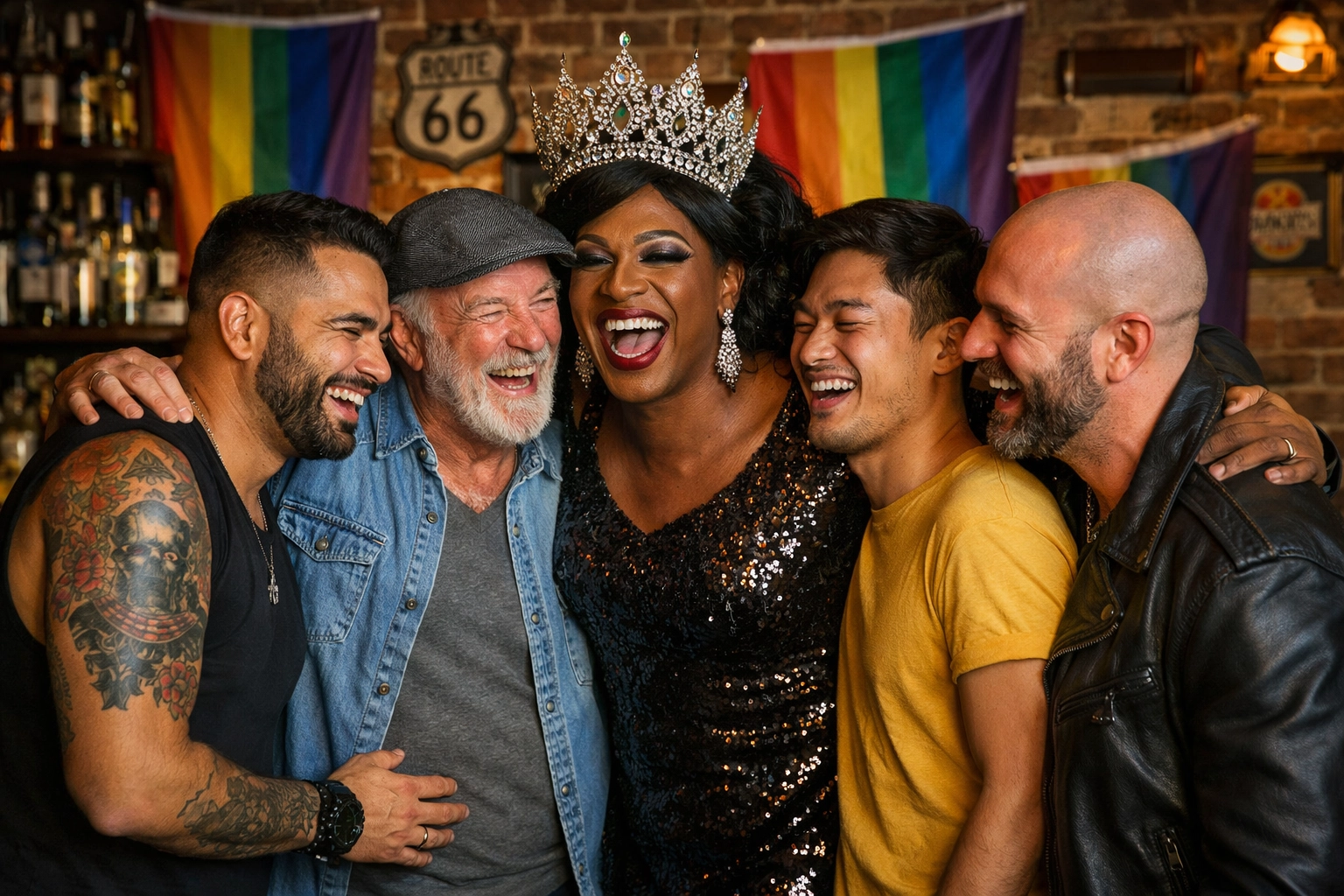 Diverse LGBTQ+ found family celebrating together at gay bar with pride flags and memorabilia