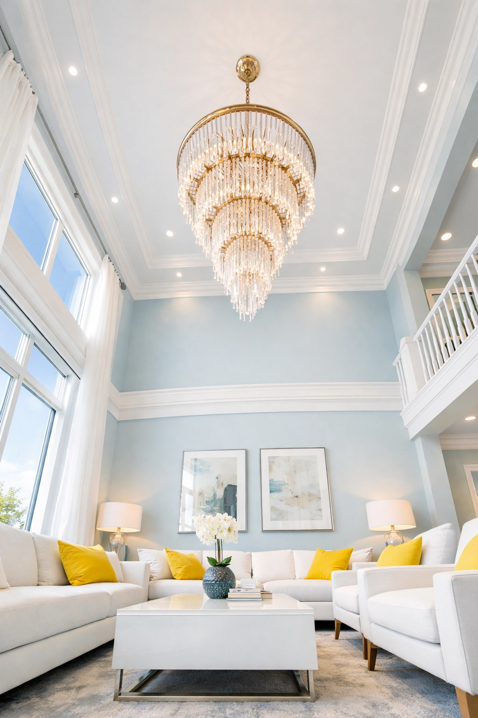Luxury Carlisle living room showing top-to-bottom deep cleaning of high ceilings and light fixtures.