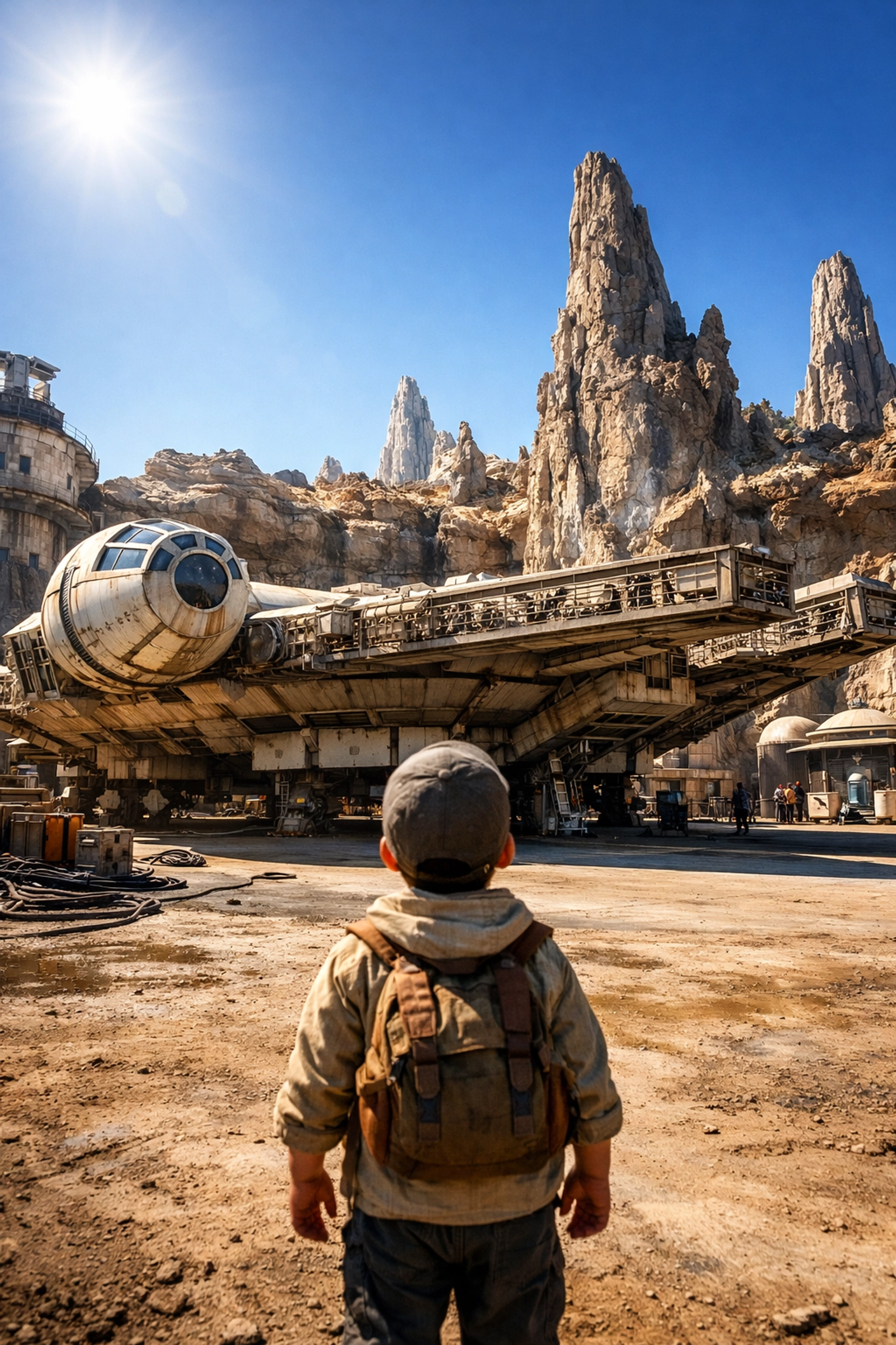 A child gazes at a life-sized starship in the Star Wars: Galaxy's Edge area at Disney's Hollywood Studios.