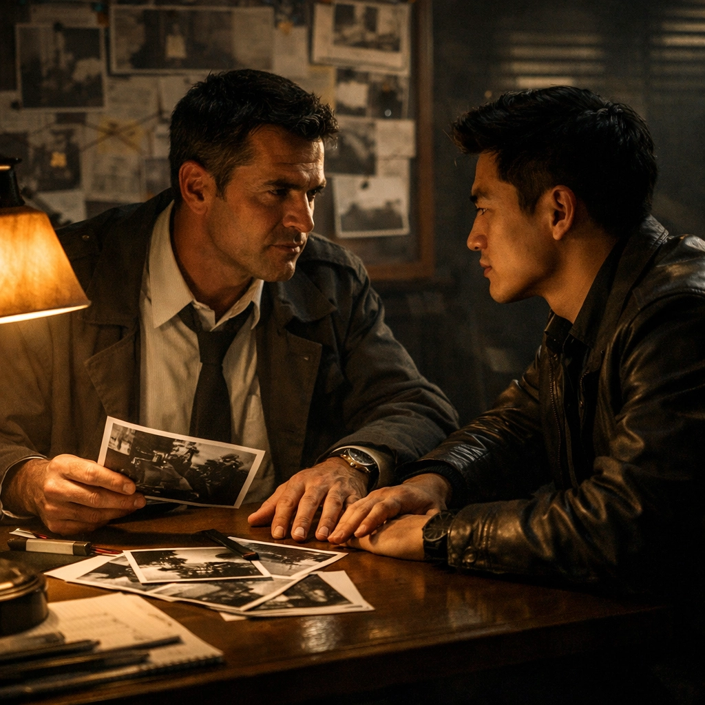 Gay detective thriller: investigator and suspect share intimate moment during murder investigation