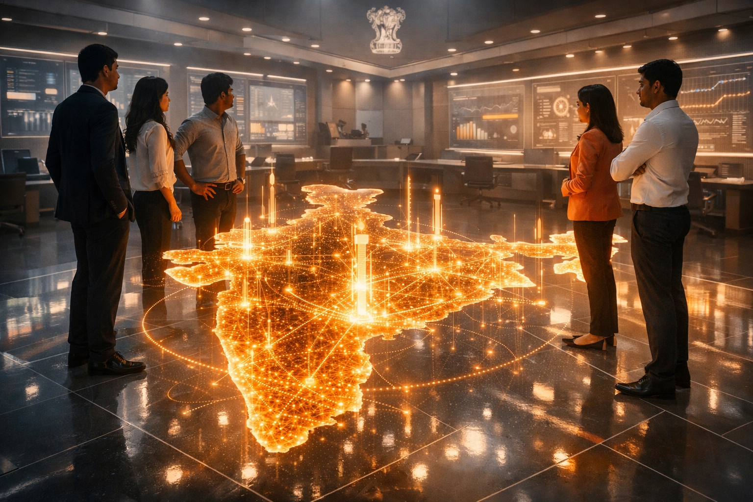 Tech founders examining a holographic map of India representing sovereign AI and the Indian startup ecosystem.