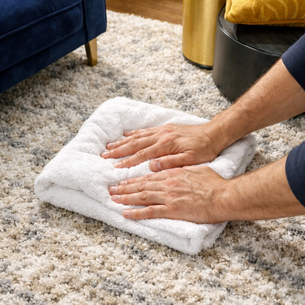Professional blotting technique to remove a spill from a luxury rug during weekly house cleaning in Reading.