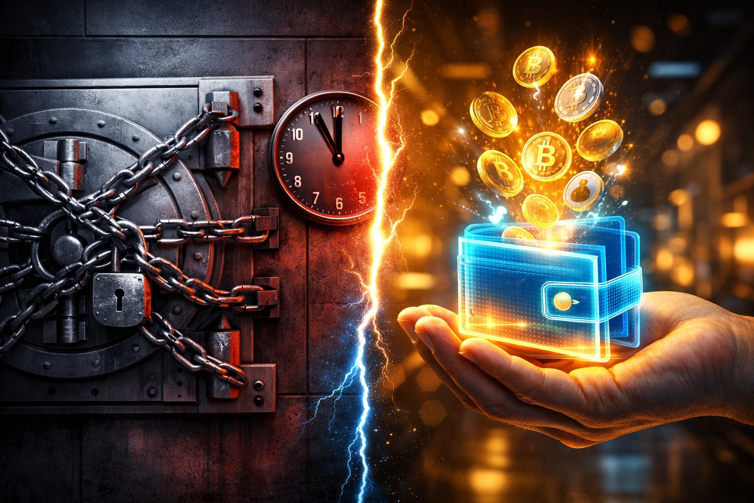 Custodial payment system versus self-custody crypto wallet illustrating instant payment freedom