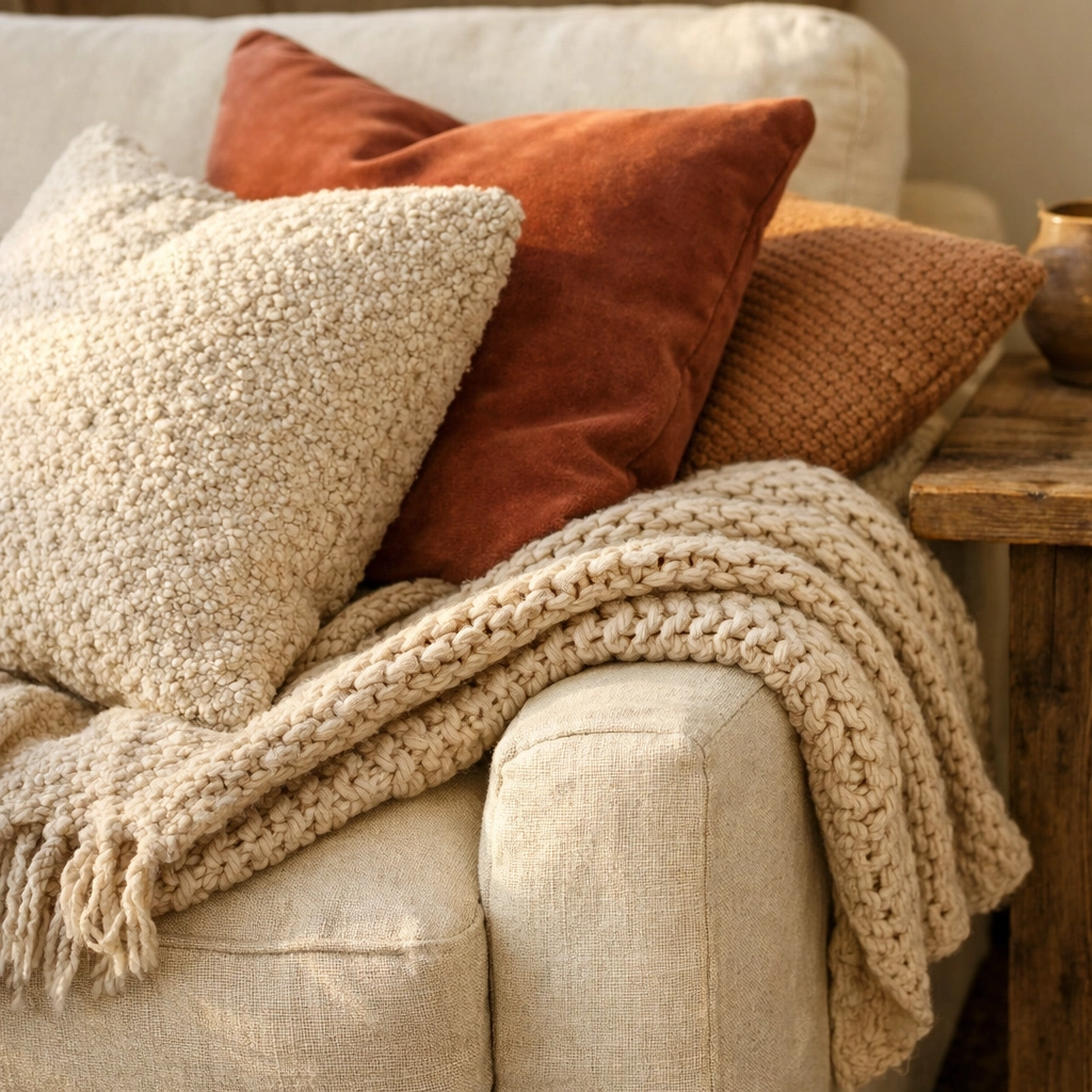 Layered textiles and throw pillows in warm tones showcase texture in home staging