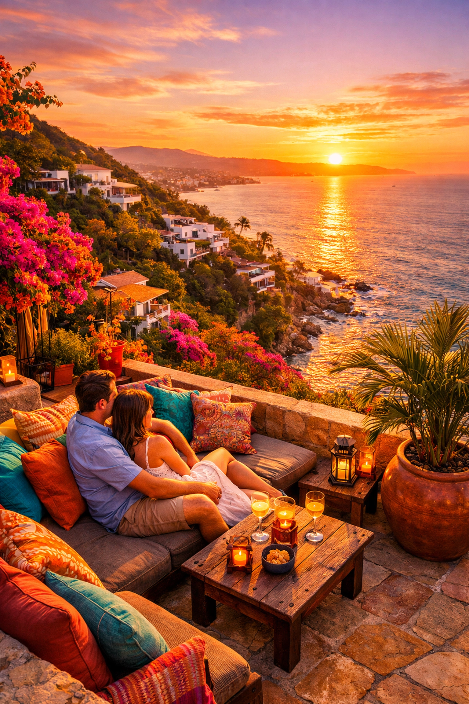 Couple relaxing on private terrace overlooking Pacific Ocean in Amapas Puerto Vallarta at sunset