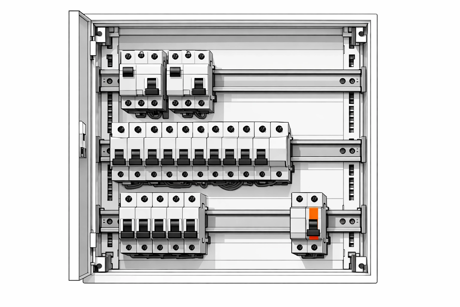 Offener Zählerkasten mit FI-Schutzschalter für sichere Wallbox Installation