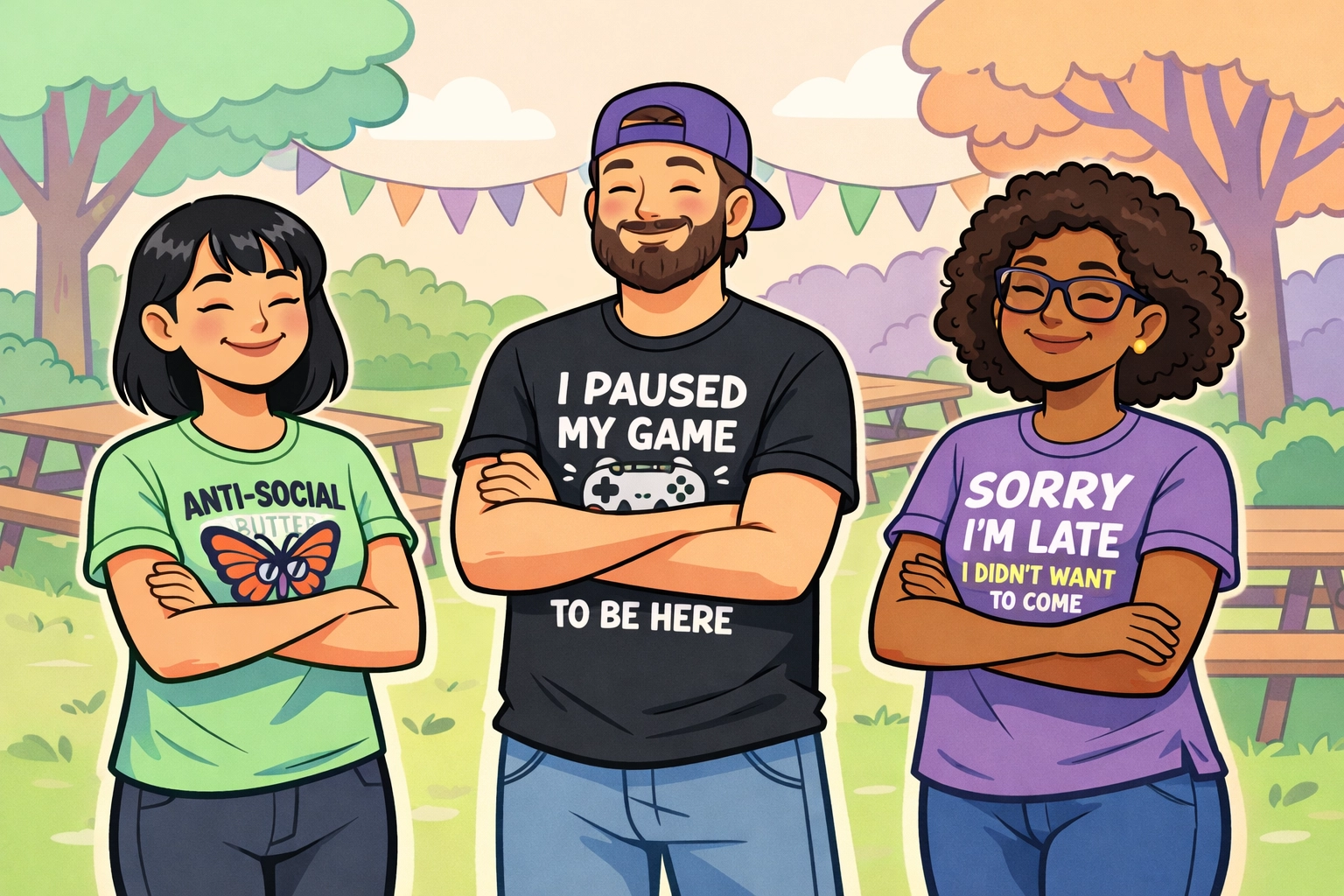 Introverts wearing funny graphic t-shirts at outdoor gathering maintaining personal space