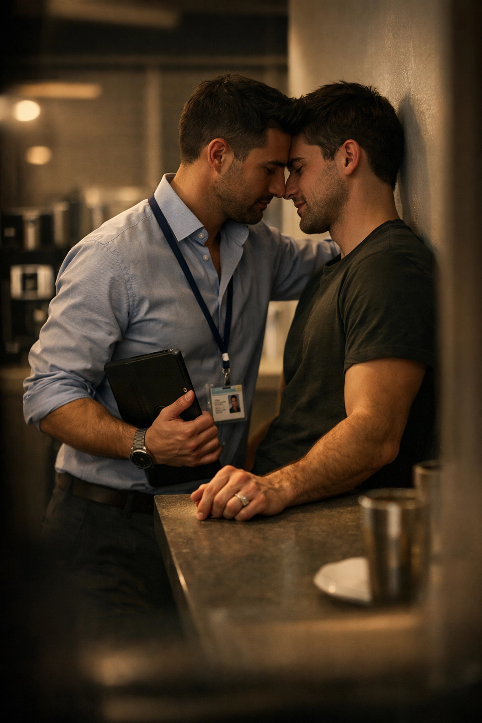 Male coworkers sharing a secret romantic embrace in an office breakroom, a common theme in MM fiction.