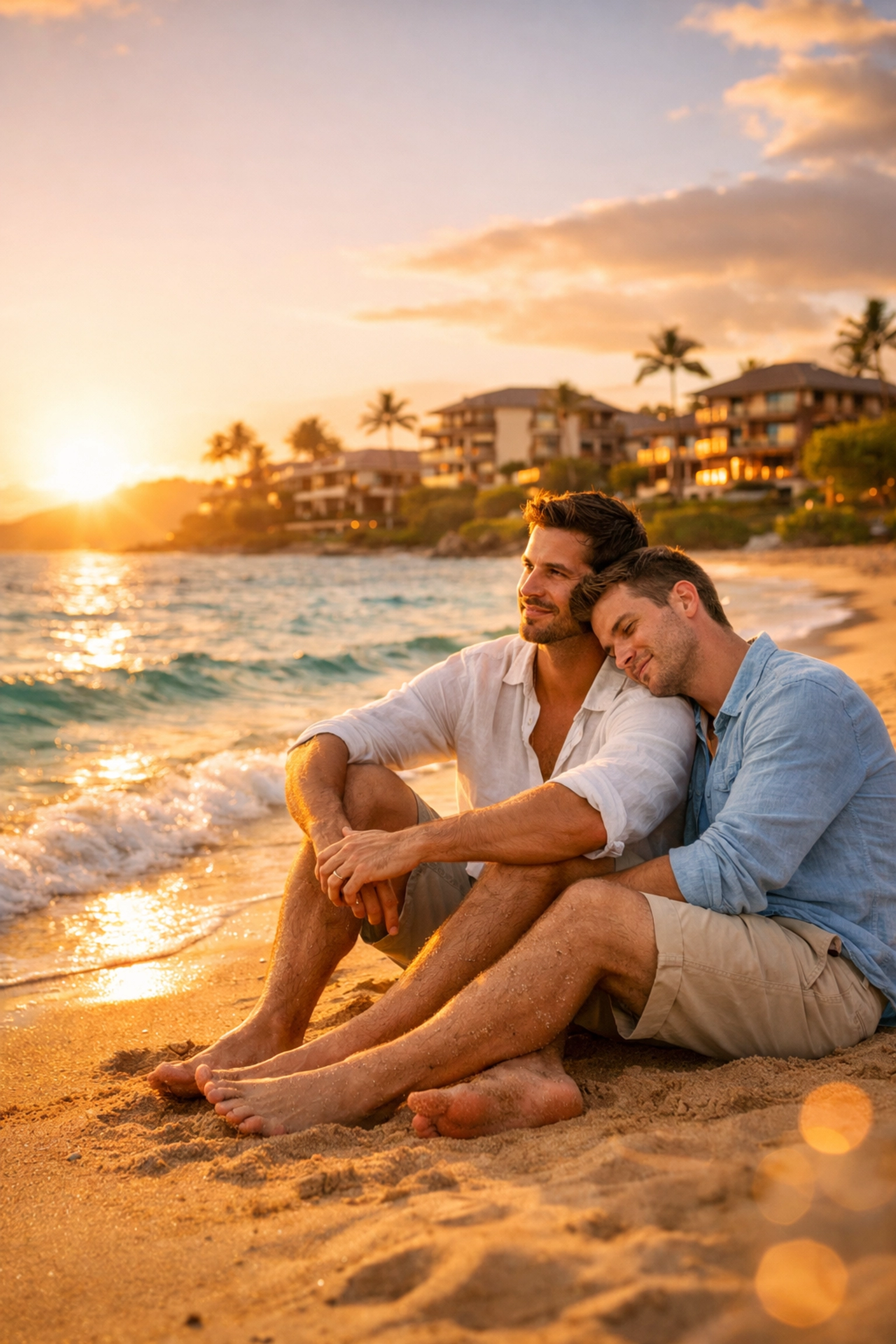 MM romance inspiration: couple enjoying intimate beach sunset at Wailea, Maui