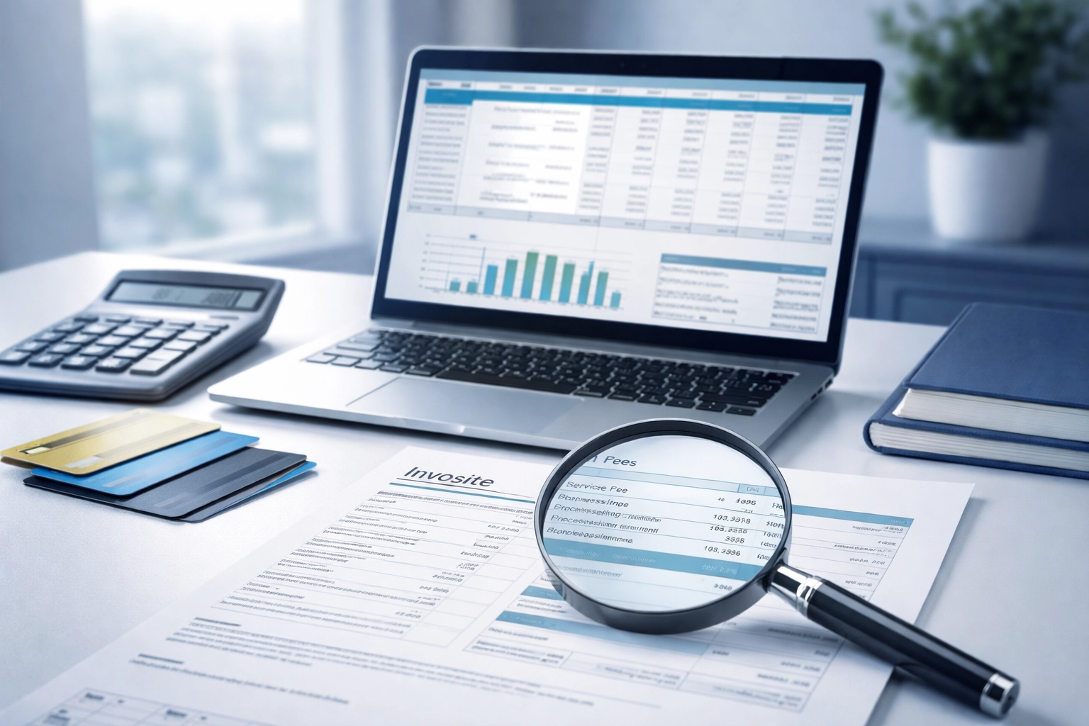 Business desk with credit cards, calculator, magnifying glass, and financial spreadsheet illustrating transparent credit card processing fees.