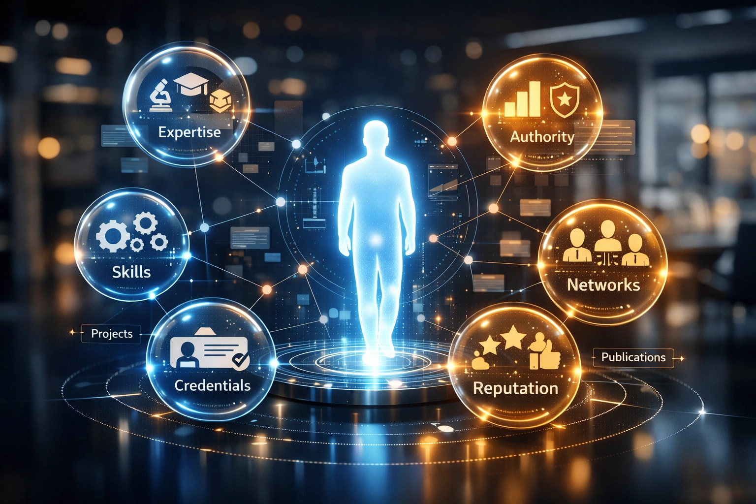 Digital representation of a content creator's professional authority and E-E-A-T for blogging strategy.