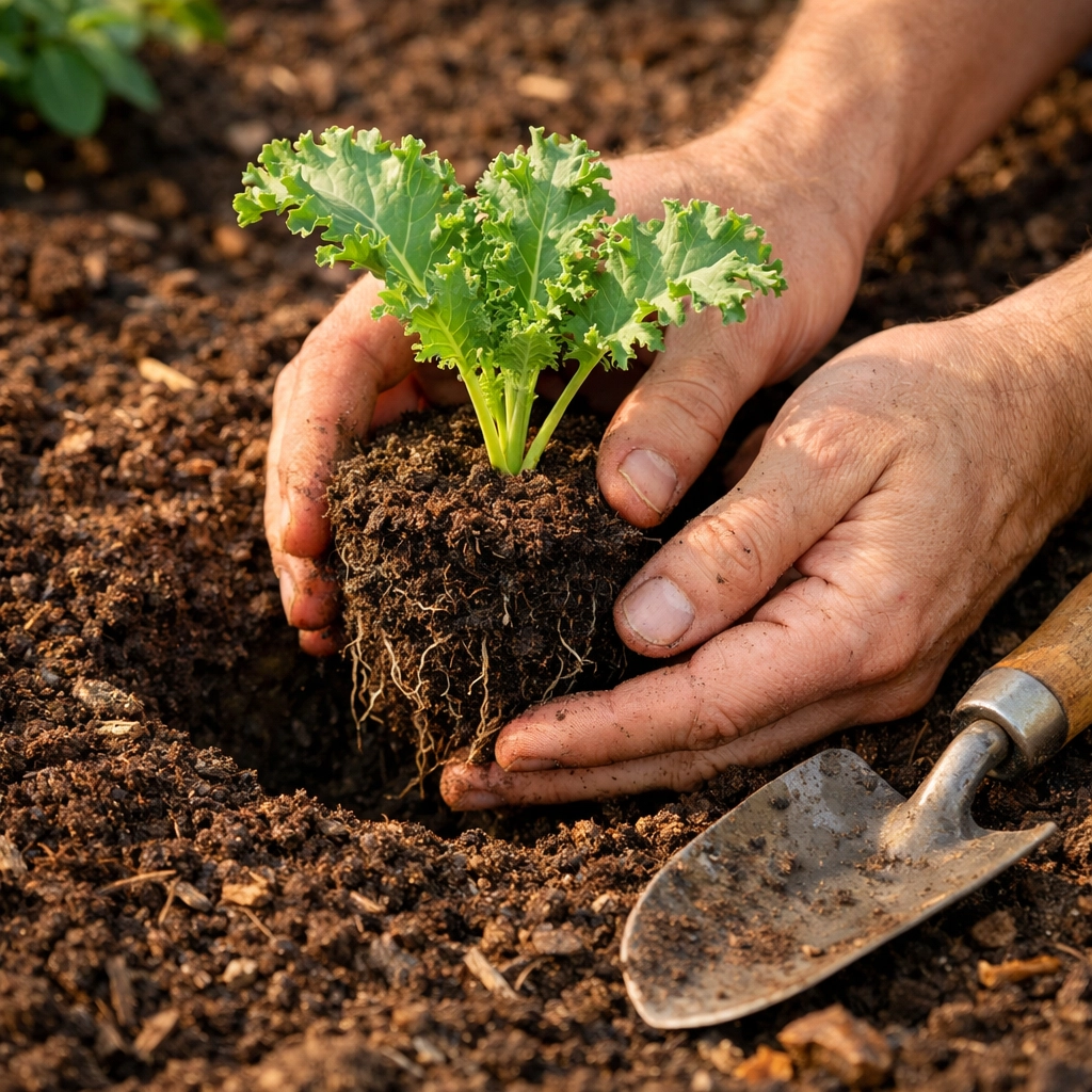 Planting kale seedling into composted garden soil showing proper transplanting depth