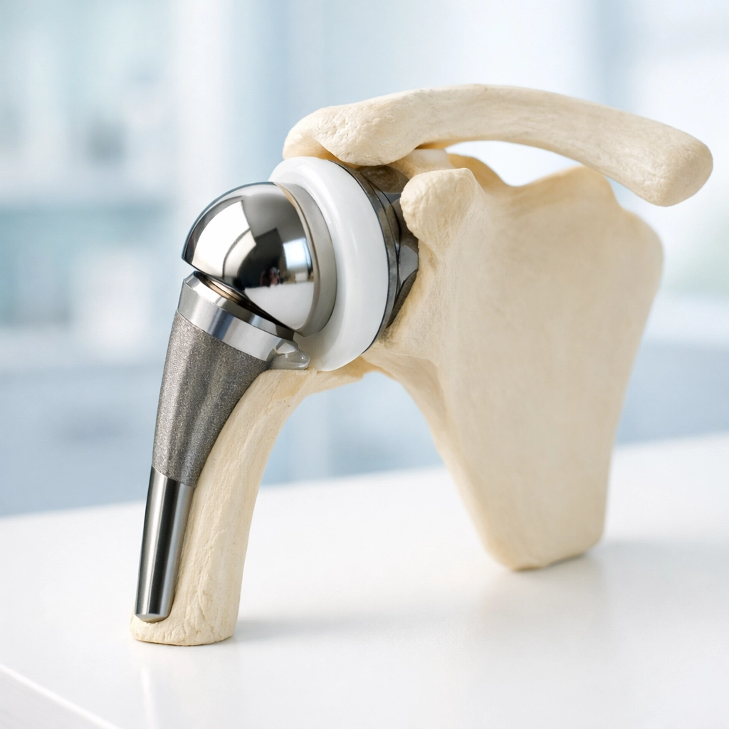 Total shoulder replacement implant featuring metal ball and plastic socket components