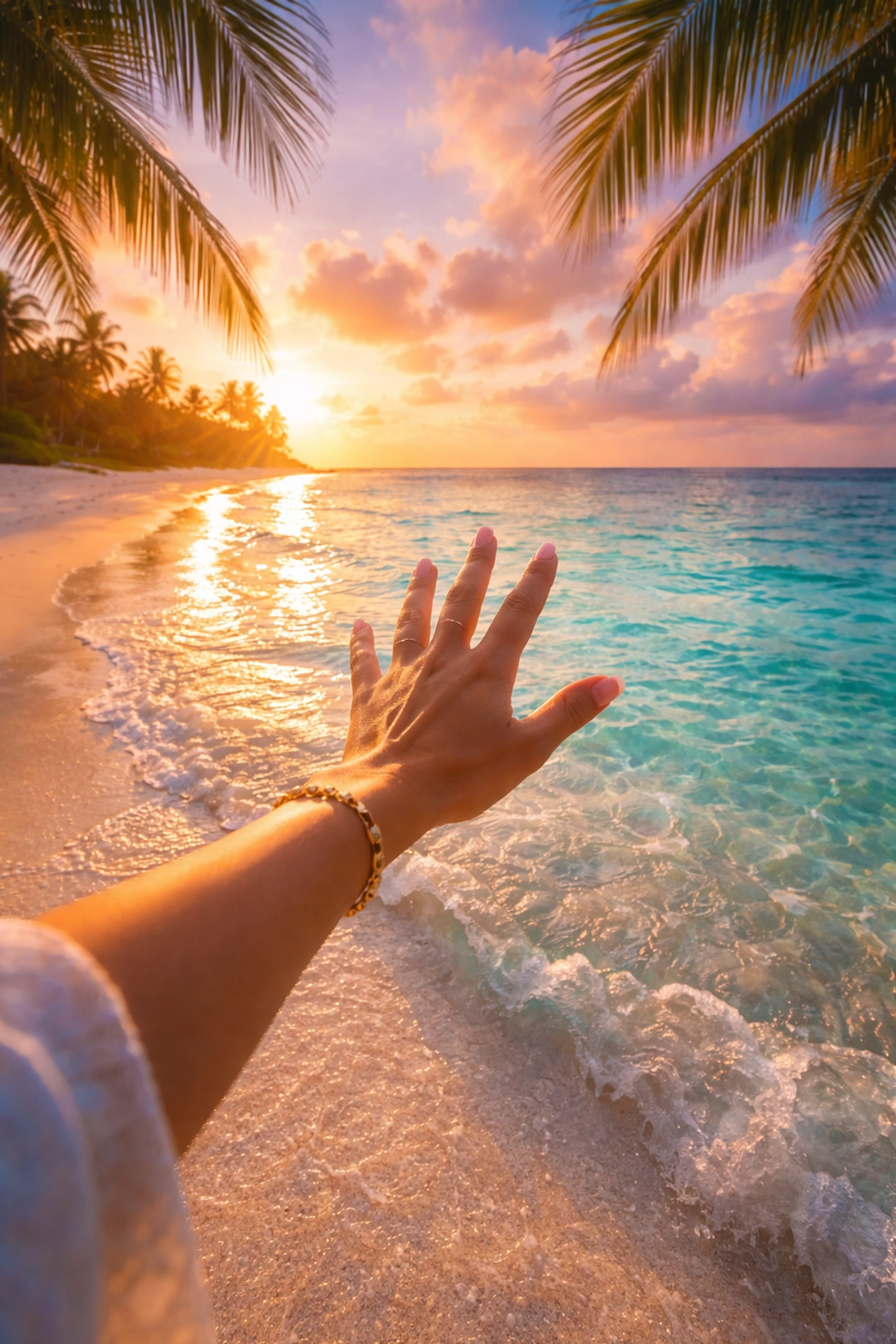 Woman's hand reaching toward tropical beach sunset, symbolizing new beginnings as a work-from-home travel advisor.