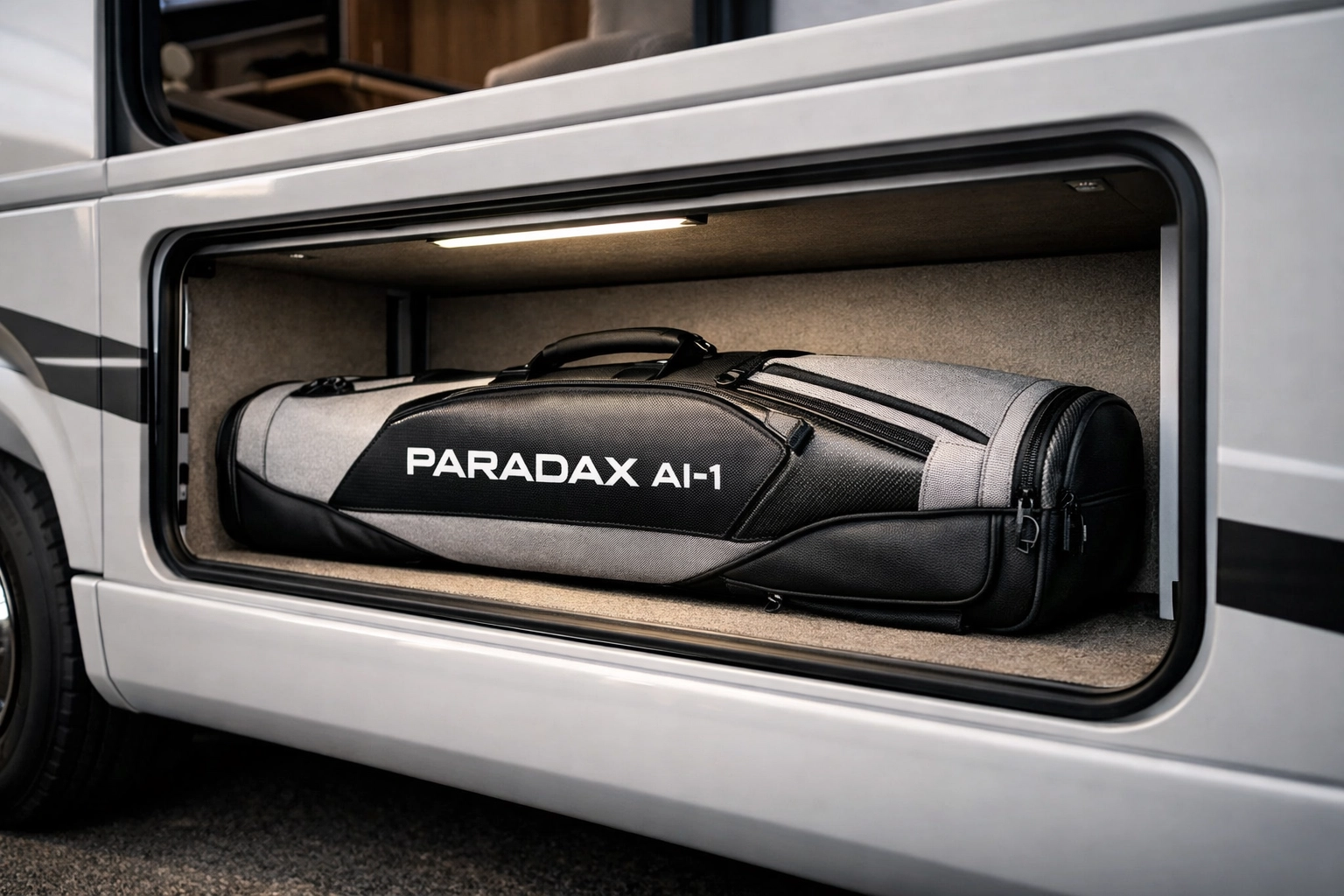 PARADAX AI-1 space-saving golf bag stored in a compact RV luggage compartment with wheels removed.