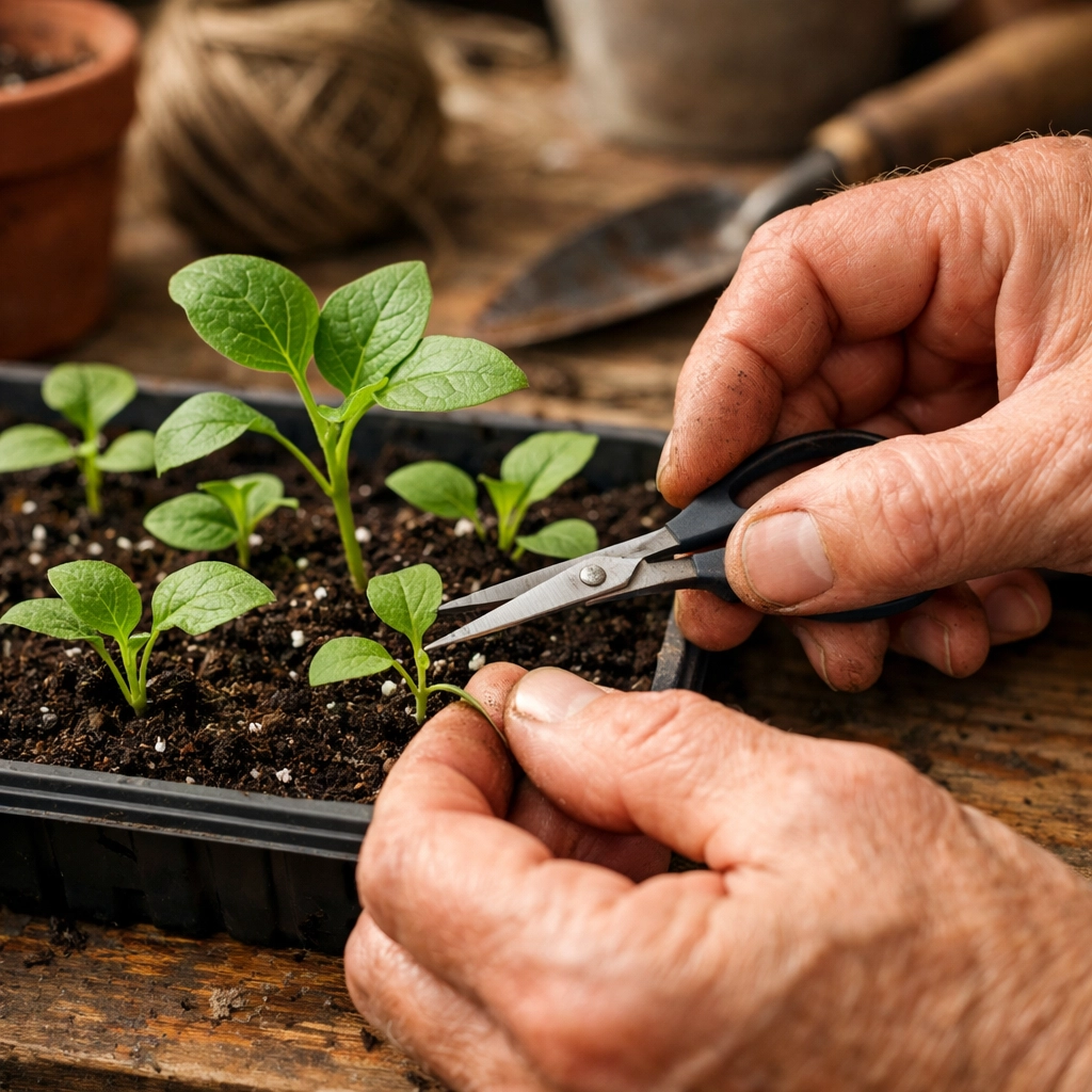 Thinning eggplant seedlings with scissors to select strongest plant
