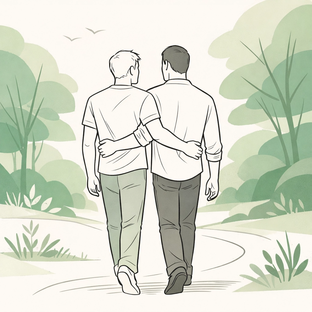 Two men walking together in solidarity, reflecting authentic queer identity and supportive partnerships.