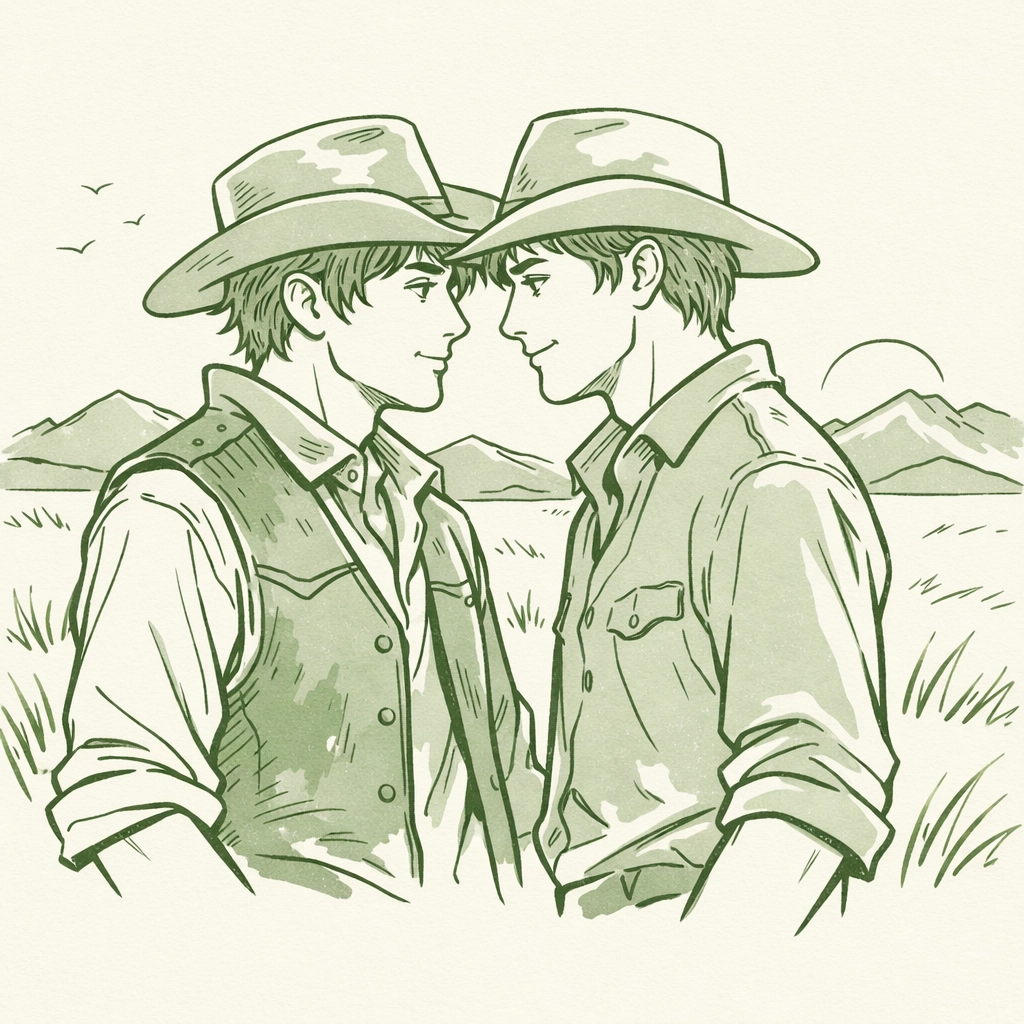 Two cowboys sharing intimate moment on Wild West frontier - MM historical romance