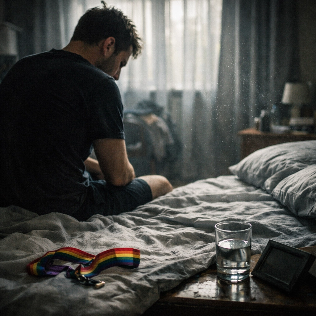 Man sitting alone in a quiet bedroom, portraying the heartbreak and stolen moments found in dark LGBTQ+ fiction.