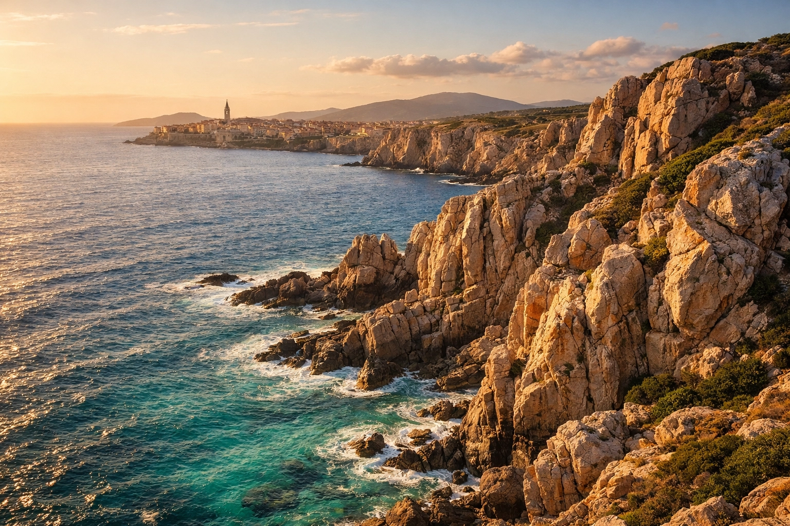 North West Sardinia coastline near Alghero at golden hour with dramatic granite cliffs and turquoise Mediterranean water