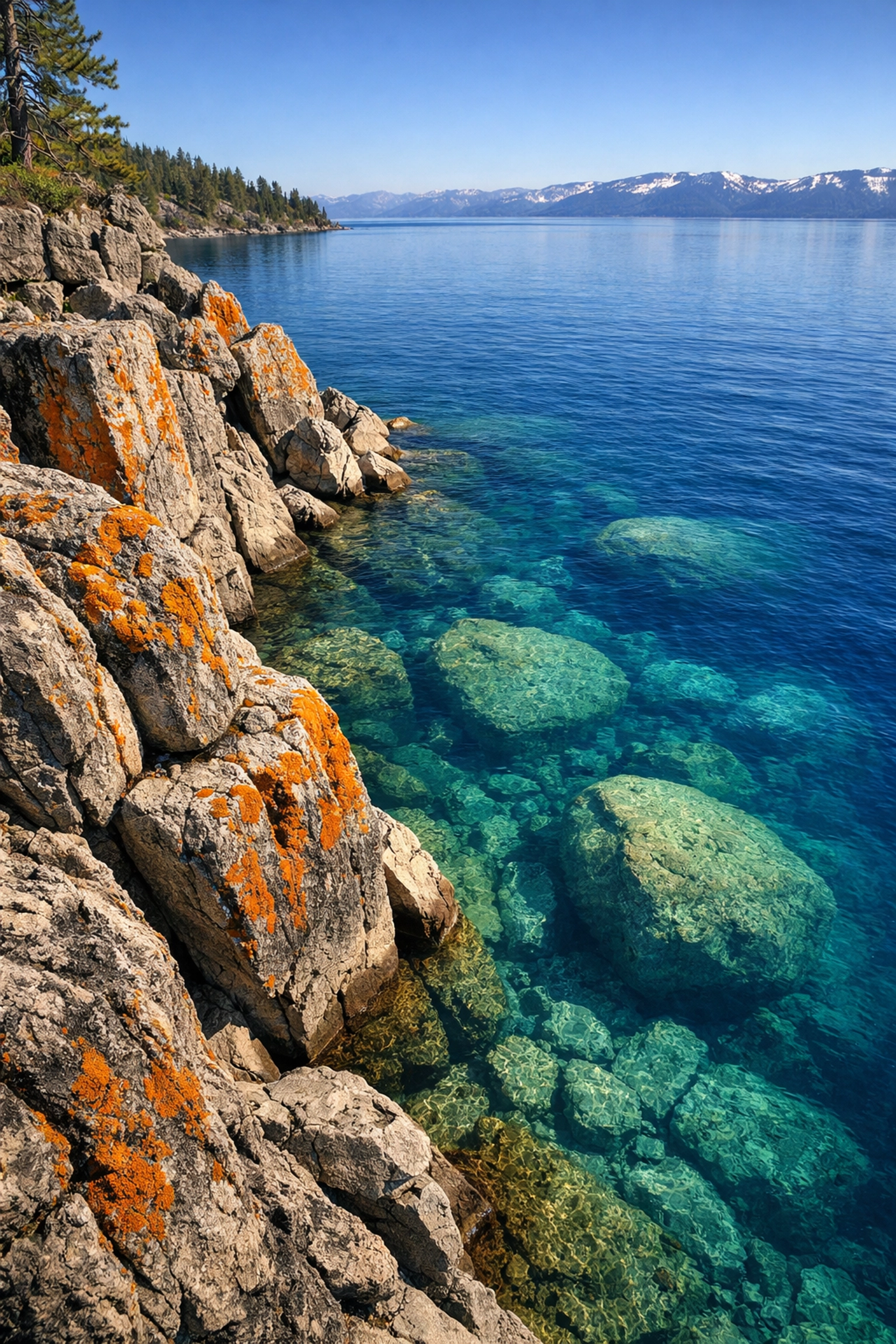 Granite cliffs and crystal clear water at Rubicon Point, a top Lake Tahoe photography location.