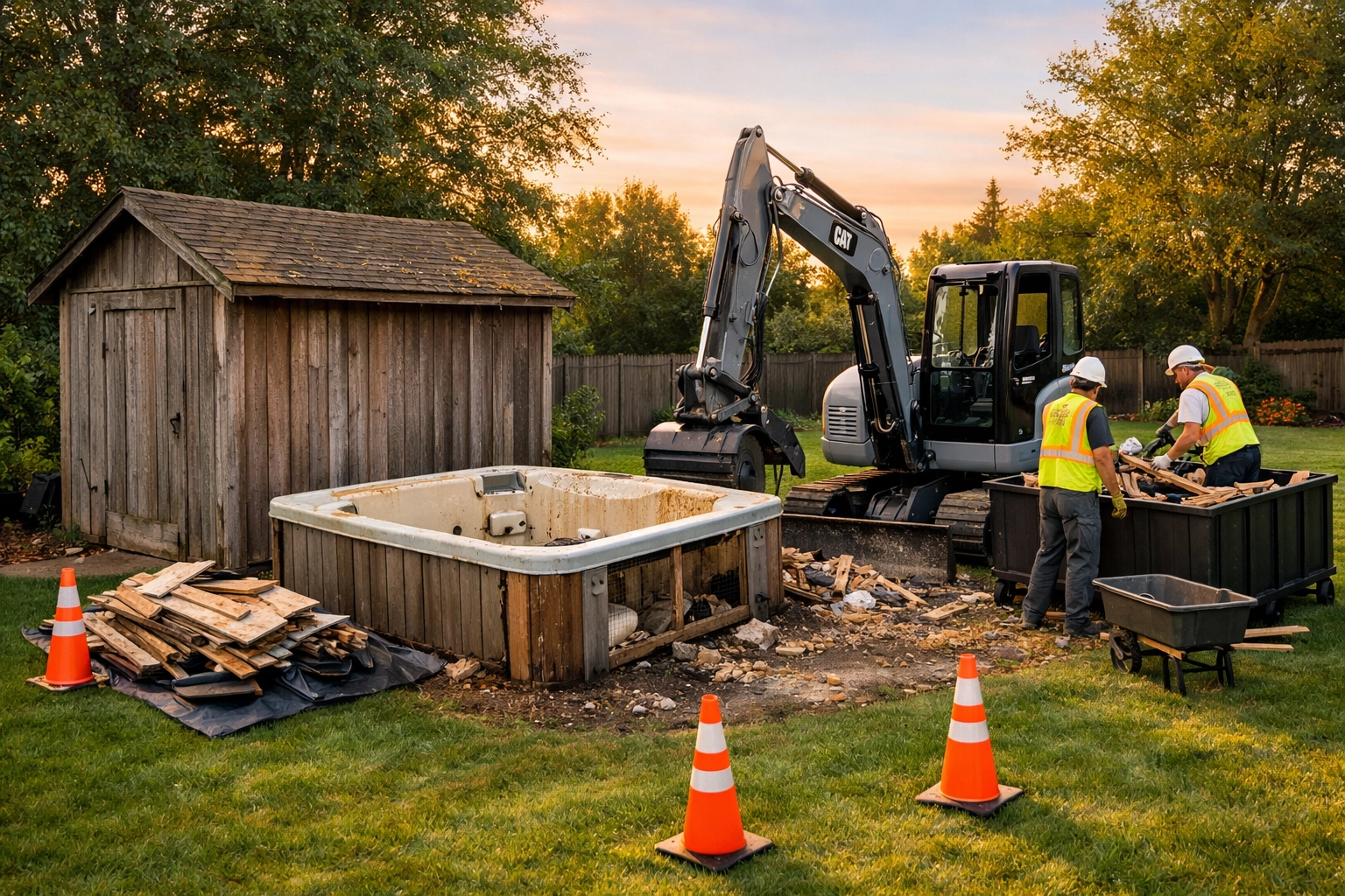 Professional shed removal and hot tub demolition site with equipment in Delaware County backyard