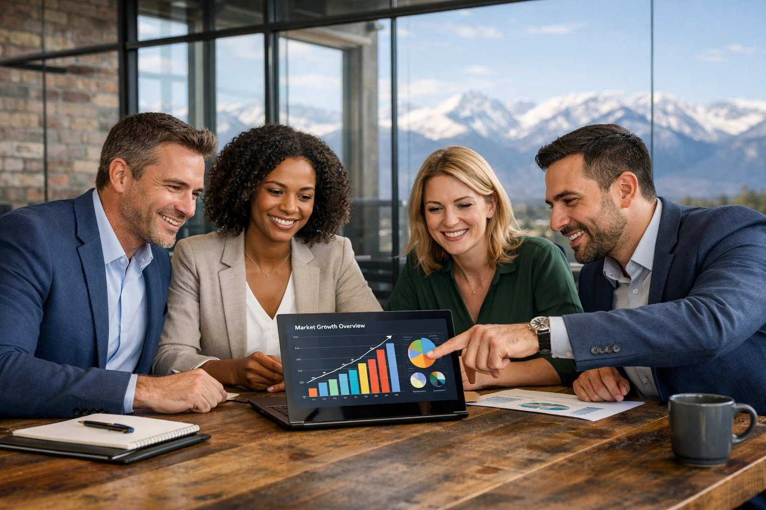 Dakdan Worldwide consulting team in Denver analyzing market growth data for cross-industry brand reach.