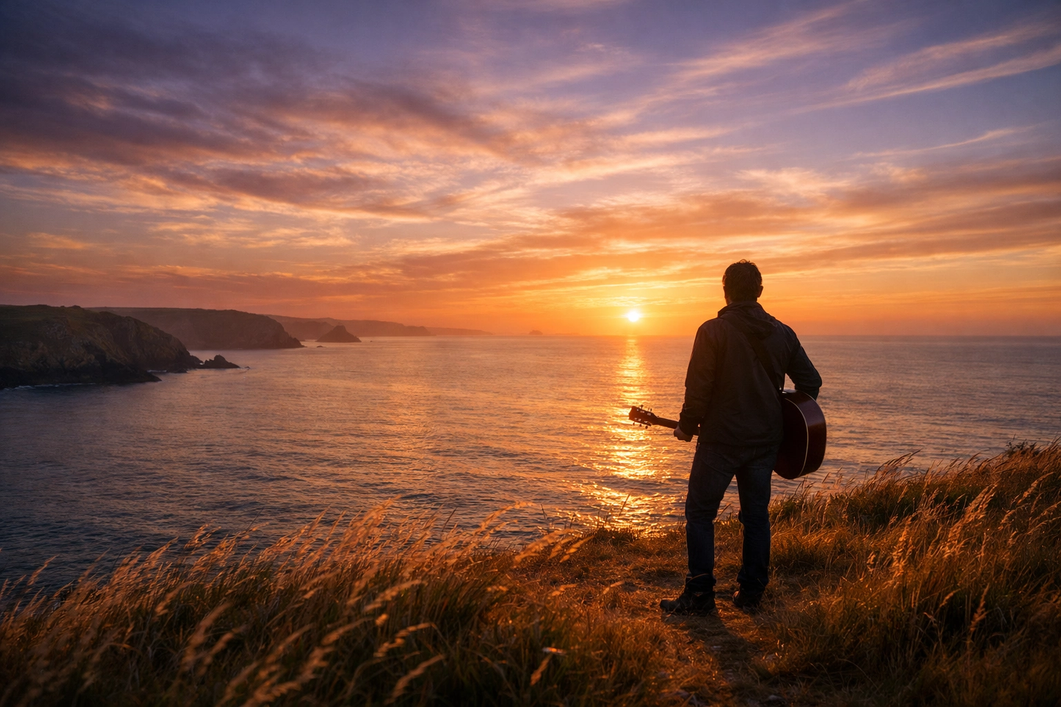 A musician performing a peaceful musical tribute on a coastal cliff for a sea ash scattering ceremony.