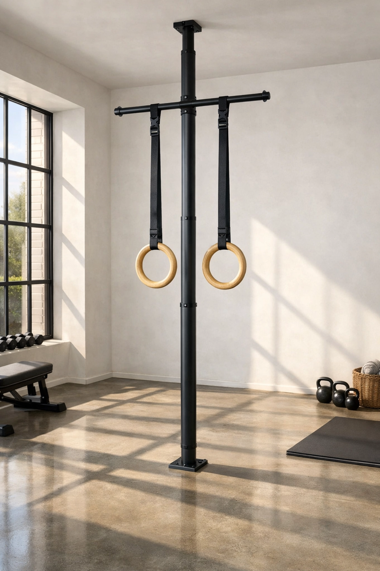 Versatile home gym featuring wooden gymnastic rings on a floor to ceiling gym system.