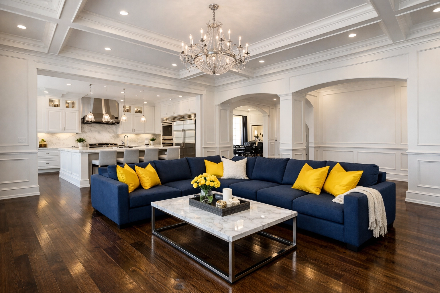 Luxury house cleaning Westborough: Pristine open-concept living area and kitchen with marble countertops.