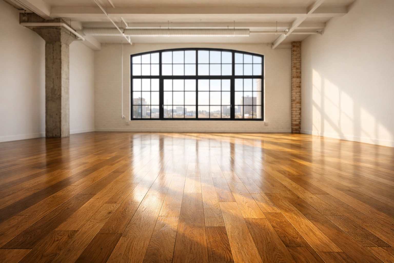 Sunlit empty loft with clean hardwood floors representing a successful Midwest move-in cleaning.
