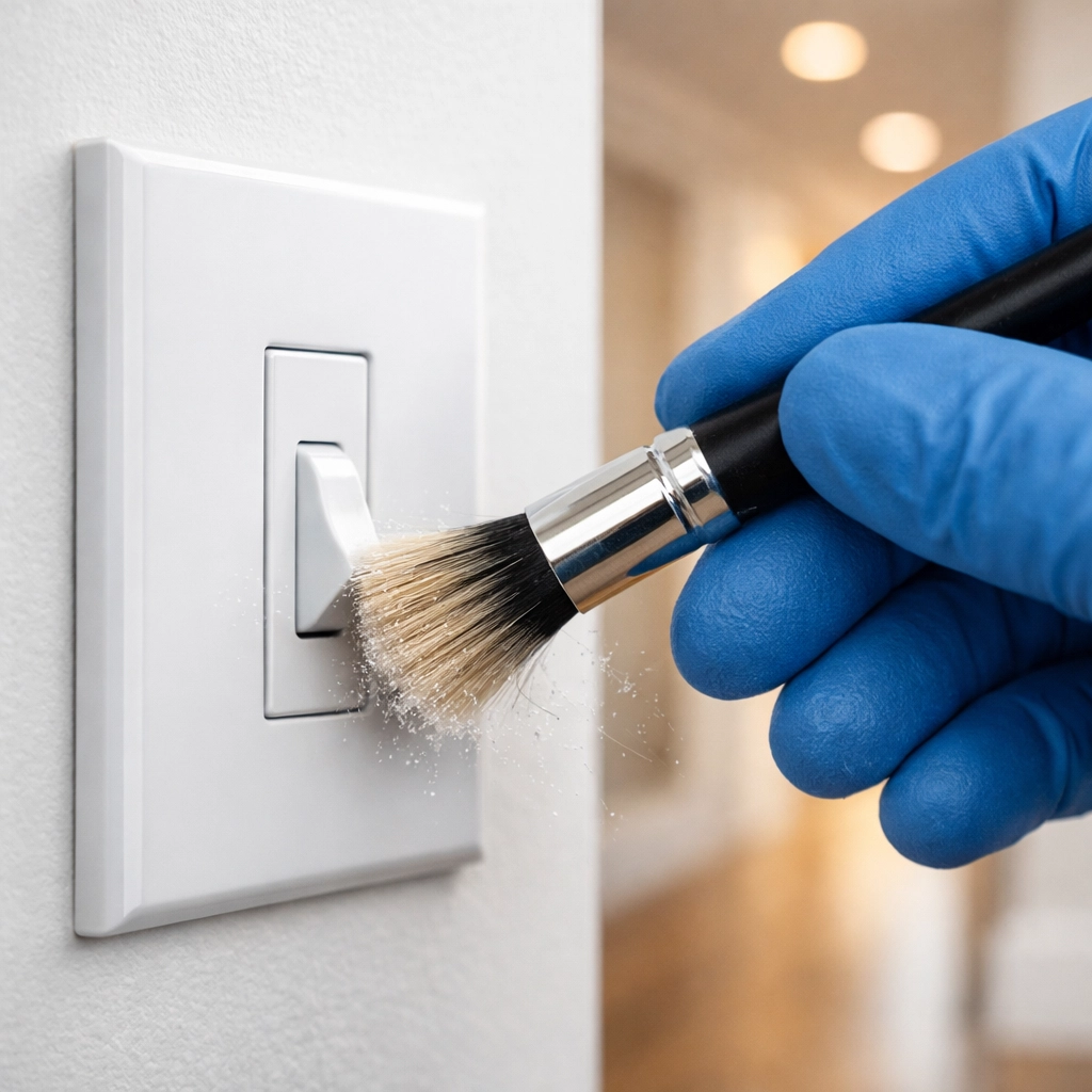 A professional cleaner using a soft brush to remove dust from a white light switch toggle.