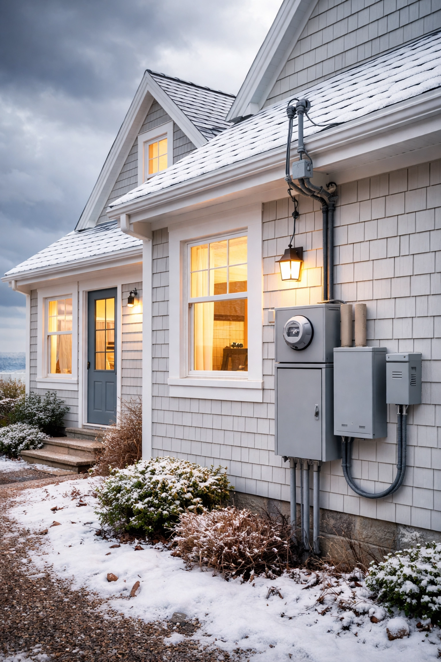 Cozy Maine coastal home with visible electrical panel, snow-dusted roof, and stormy sky before a winter storm