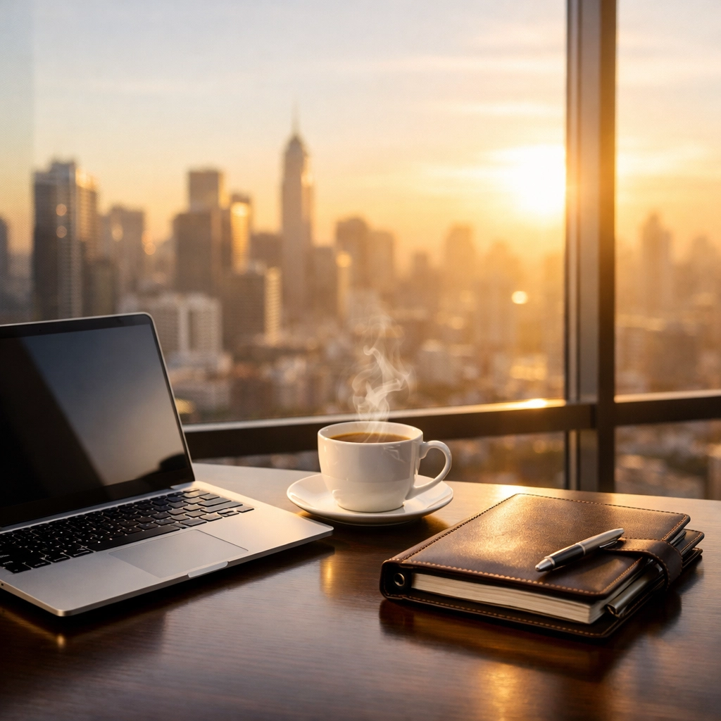 Executive desk with a laptop and sunrise skyline view symbolizing post-game branding momentum.