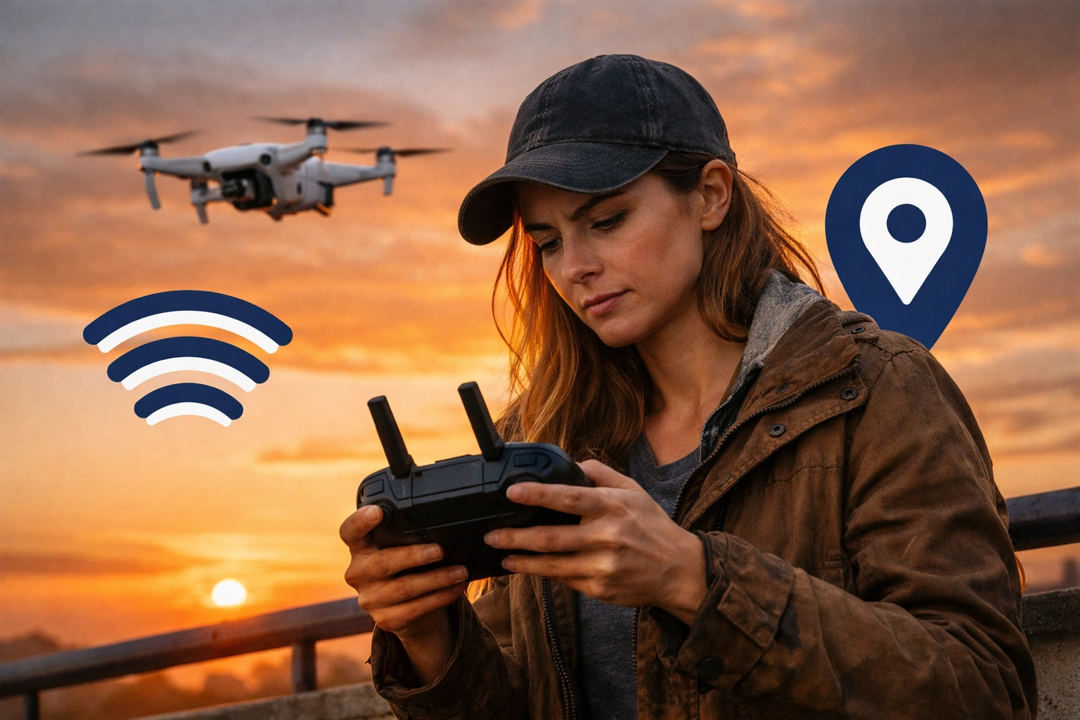 Woman using a rented 4K camera drone to scout the neighborhood for safety.