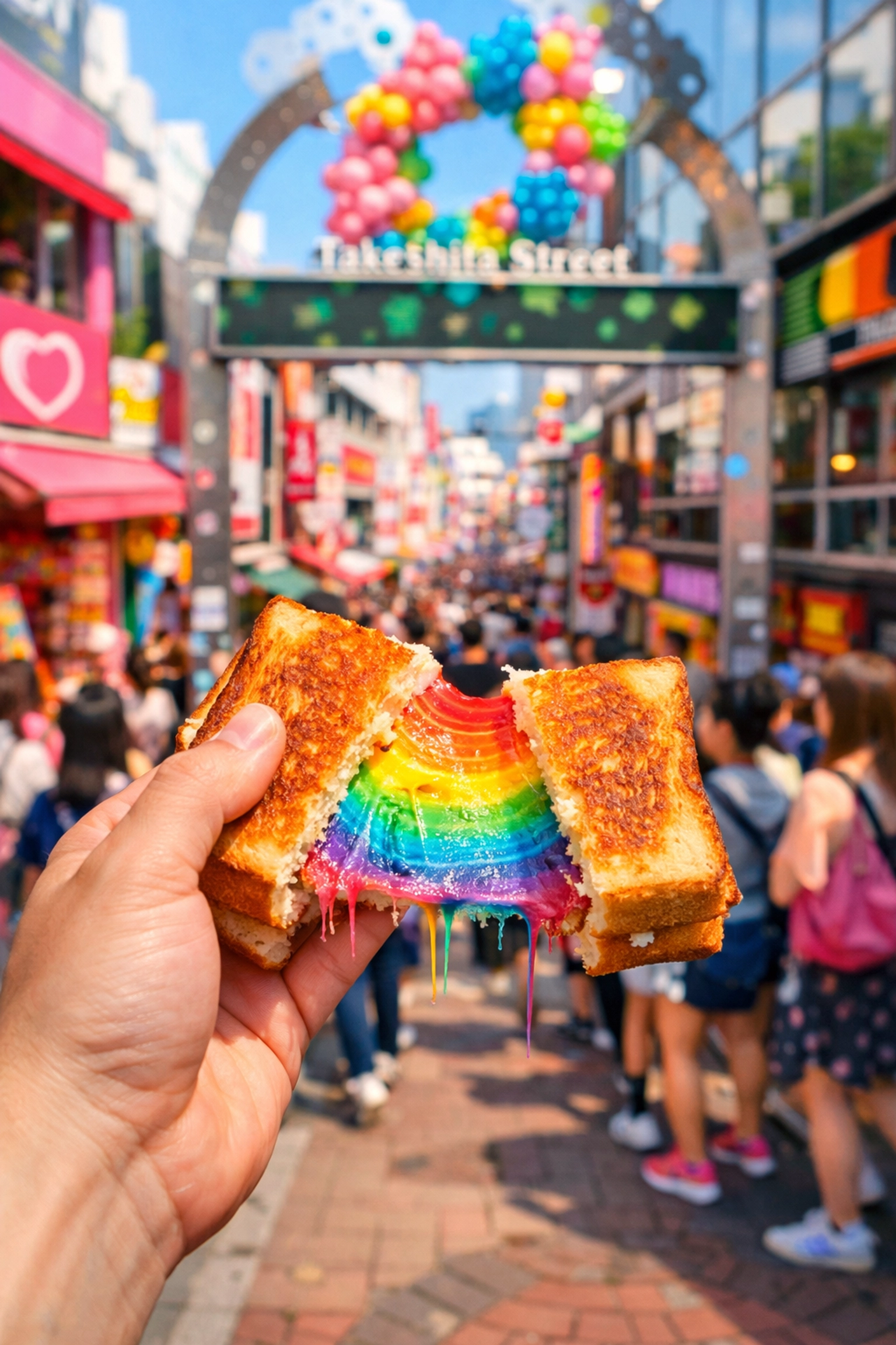 Vibrant rainbow cheese sandwich on Takeshita Street, one of the best colorful photo spots in Harajuku, Tokyo.