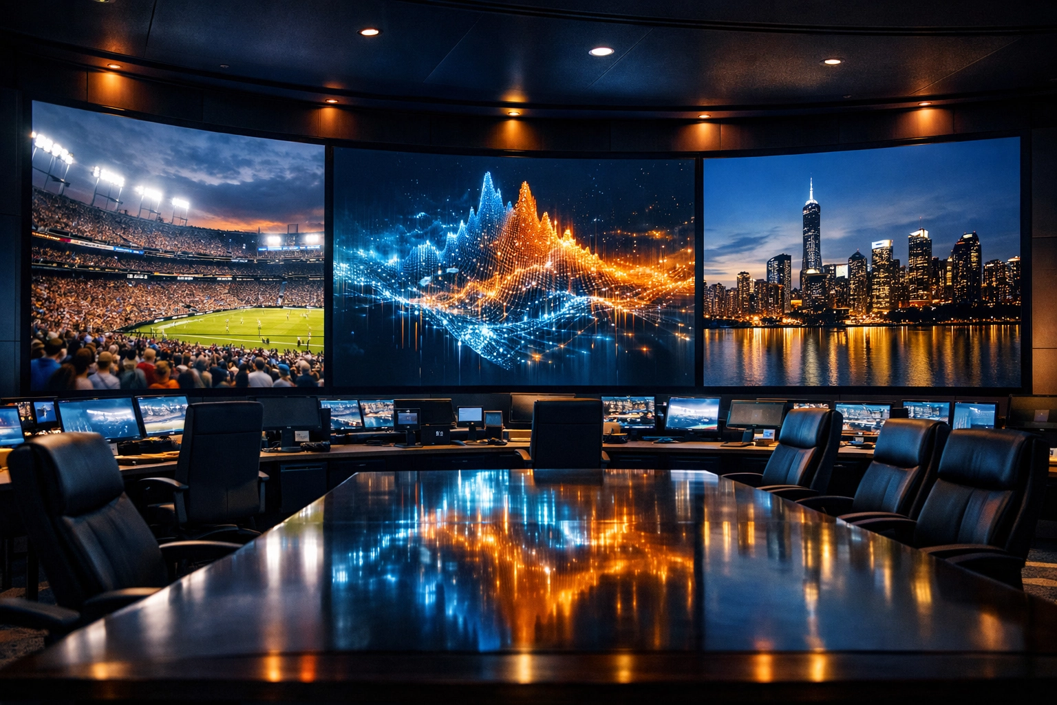 Strategic media operations center monitors showing stadium solutions and data analytics for Dakdan Worldwide.