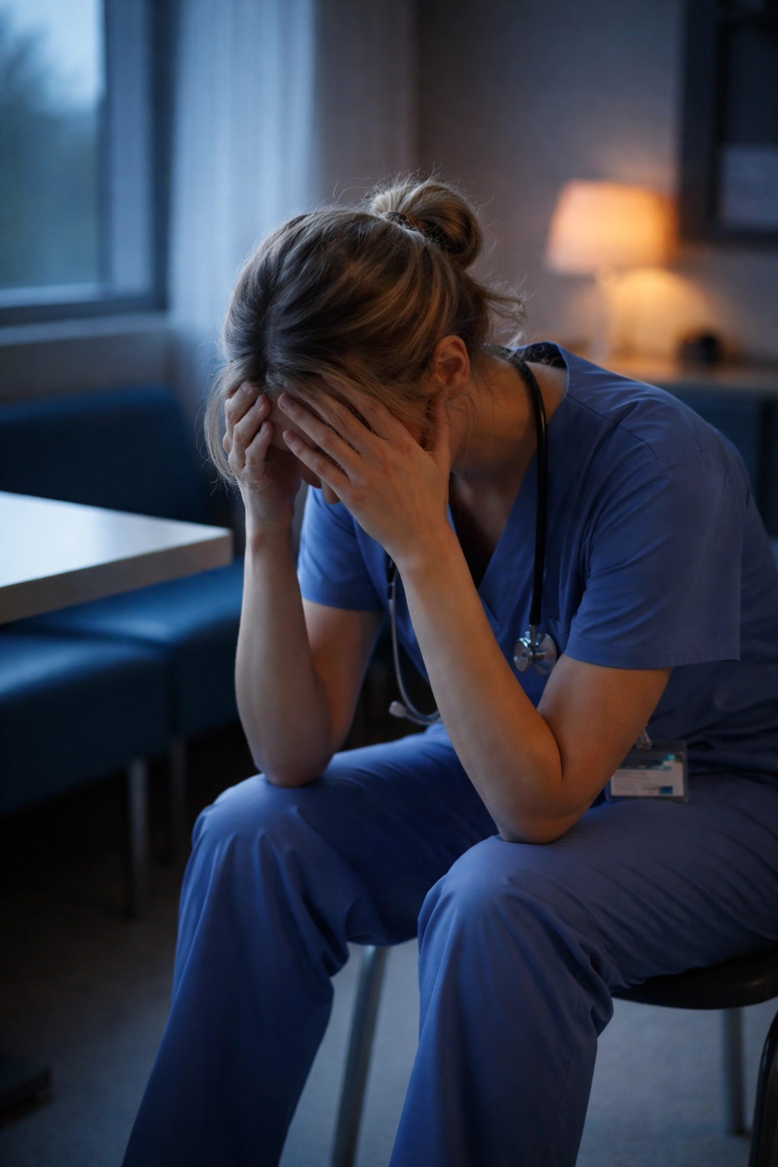 A tired nurse in blue scrubs sits alone in a hospital break room, illustrating clinician burnout and staffing challenges.