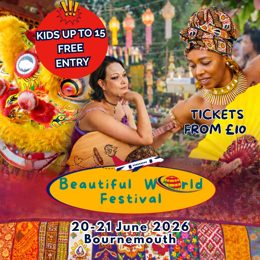Vibrant festival scene featuring a Chinese lion dancer and a musician, promoting the Beautiful World Festival in Bournemouth.