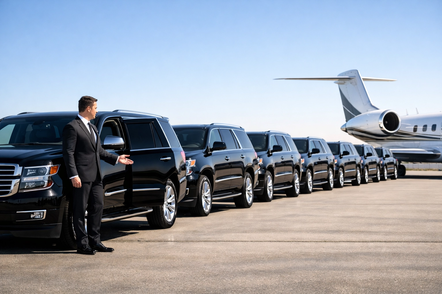 Luxury SUV fleet and private jet representing elite Super Bowl corporate travel and logistics.