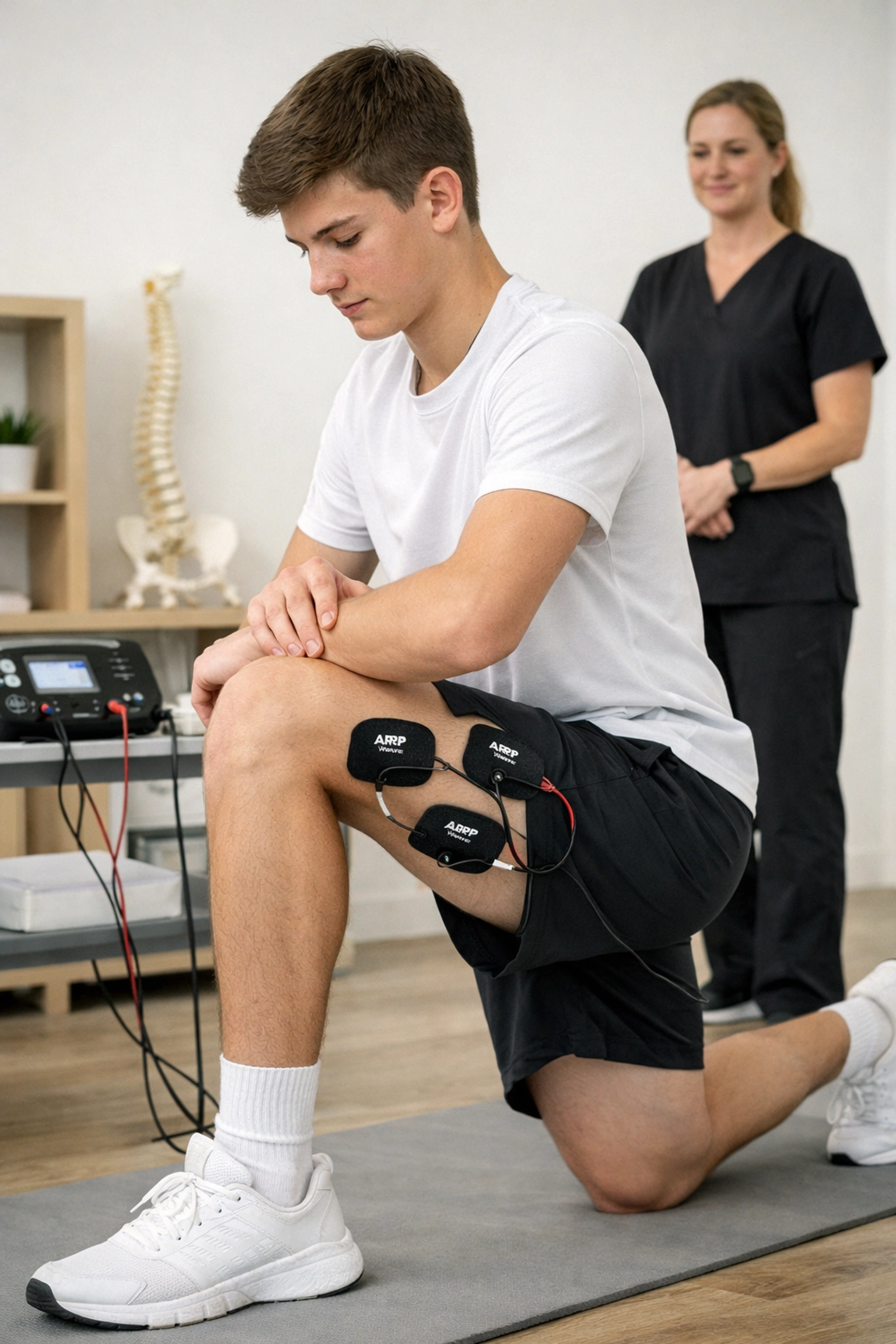 Young athlete using ARP Wave Therapy electrodes during a lunge to improve neurological function and sports recovery.