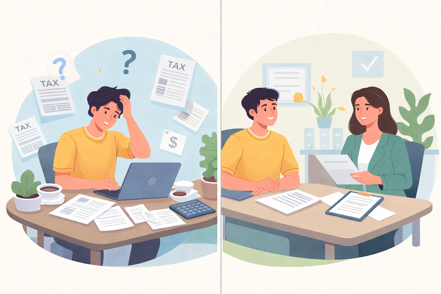 Side-by-side comparison of a confused DIY tax filer and a calm client with a professional tax preparer in New Haven